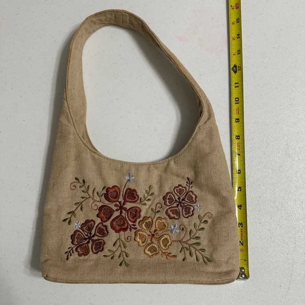 Floral Embroidered Shoulder Bag Cotton Jute Blend Boho Hobo Purse Tan VTG Y2K